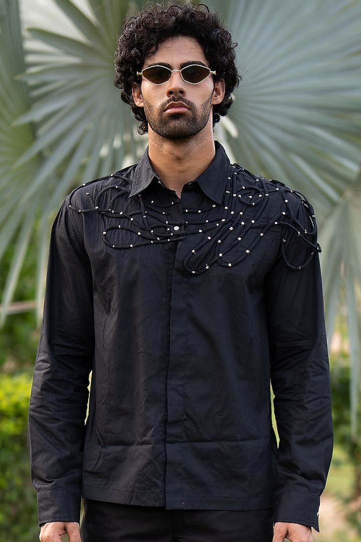 Black Cotton Poplin Party Wear Shirt by Aurge Studios at Pernia's Pop Up Shop