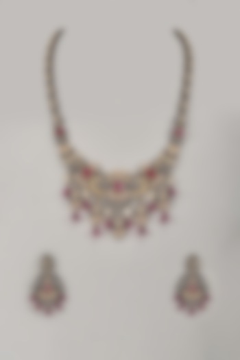 Two-Tone Finish Kundan Polki & Ruby Stone Handcrafted Necklace Set In Sterling Silver by Aurashni at Pernia's Pop Up Shop