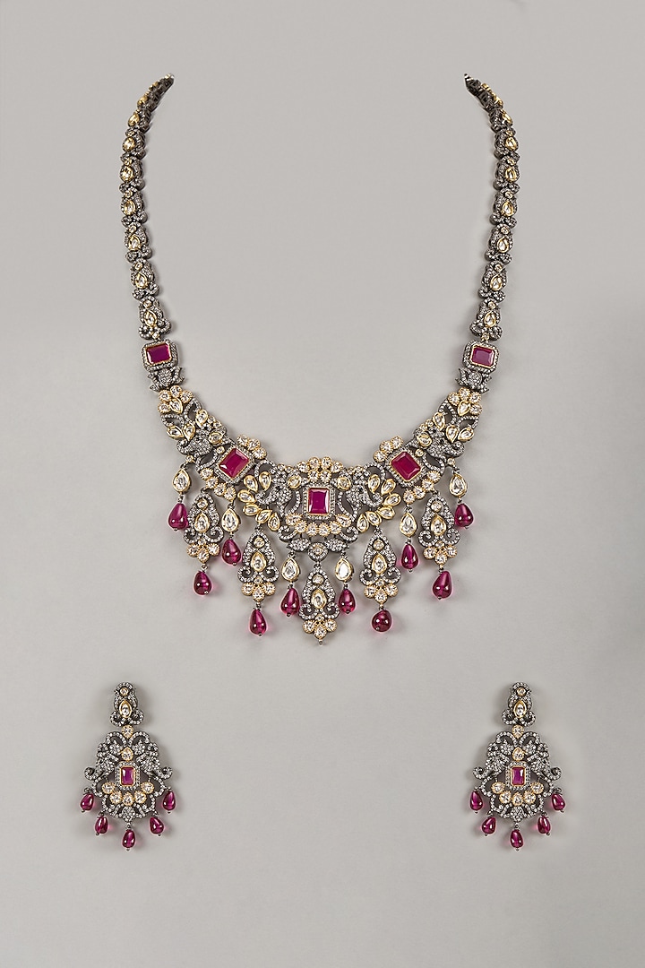 Two-Tone Finish Kundan Polki & Ruby Stone Handcrafted Necklace Set In Sterling Silver by Aurashni at Pernia's Pop Up Shop