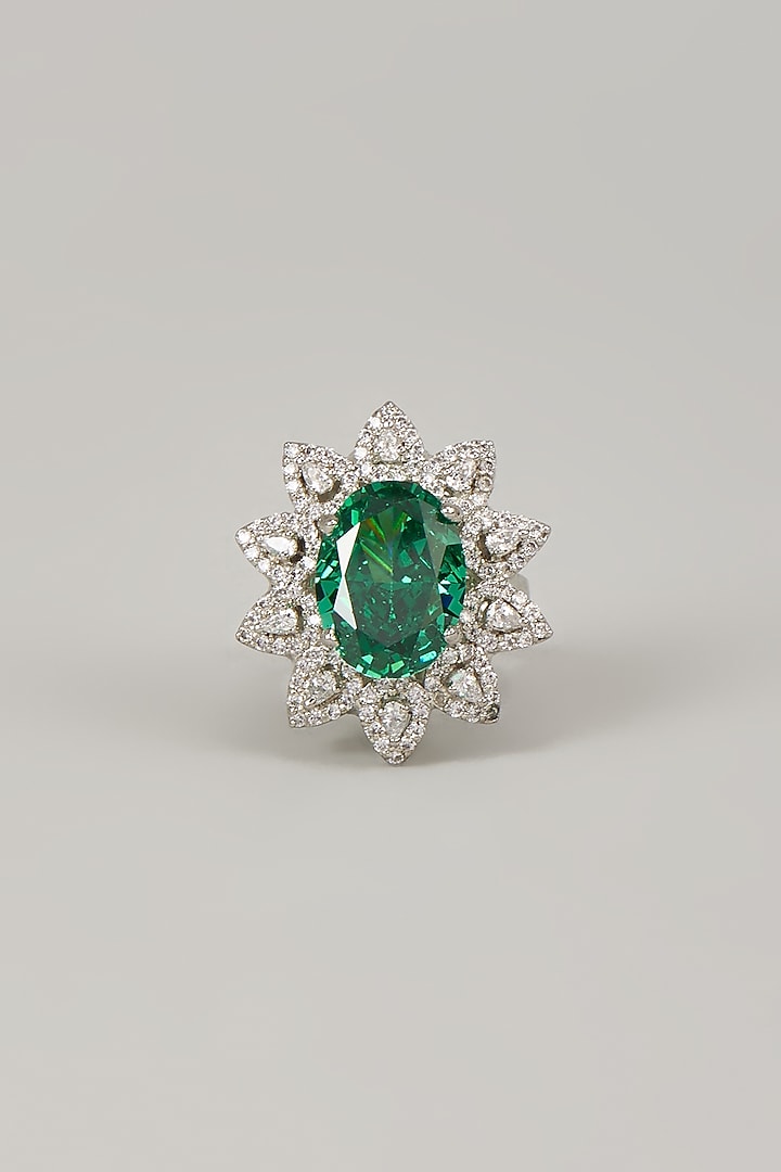 White Rhodium Finish Emerald Stone Handcrafted Ring In Sterling Silver by Aurashni at Pernia's Pop Up Shop