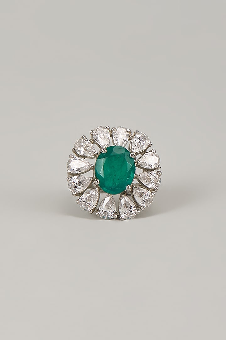 White Rhodium Finish Emerald Stone Handcrafted Ring In Sterling Silver by Aurashni at Pernia's Pop Up Shop