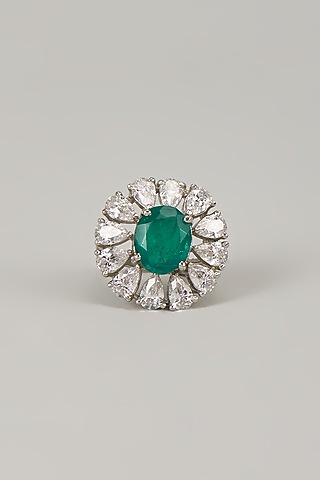 White Rhodium Finish Emerald Stone Handcrafted Ring In Sterling Silver by Aurashni