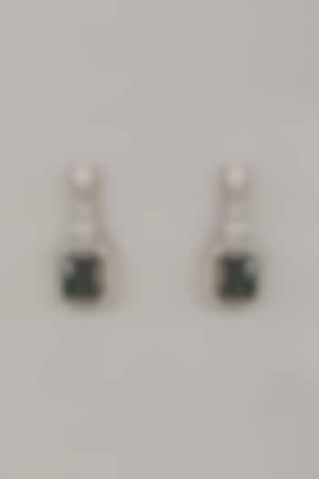 White Rhodium Finish Emerald Stone Handcrafted Earrings In Sterling Silver by Aurashni at Pernia's Pop Up Shop