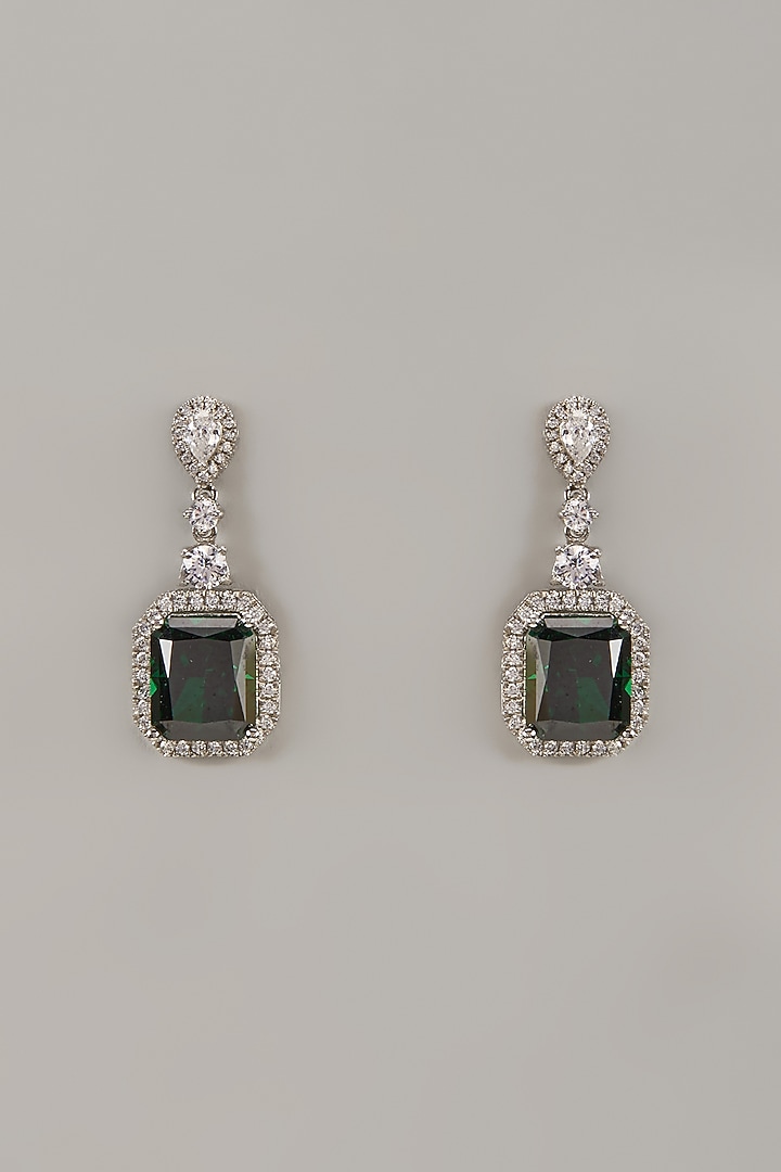 White Rhodium Finish Emerald Stone Handcrafted Earrings In Sterling Silver by Aurashni at Pernia's Pop Up Shop