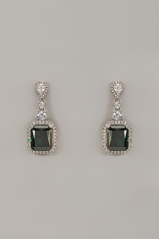 White Rhodium Finish Emerald Stone Handcrafted Earrings In Sterling Silver by Aurashni