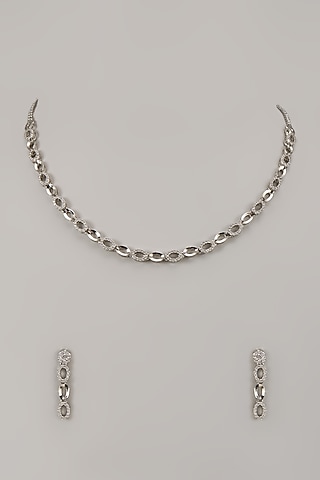 White Rhodium Finish Pearl Handcrafted Necklace Set In Sterling Silver by Aurashni