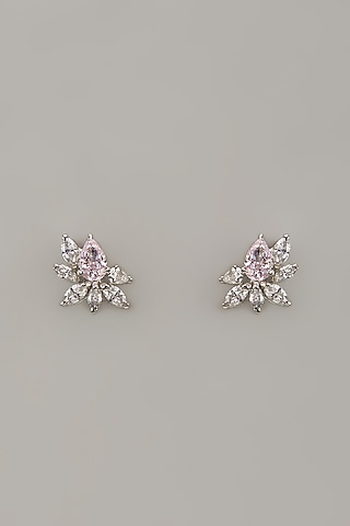 White Rhodium Finish Pink Sapphire Stone Handcrafted Earrings In Sterling Silver by Aurashni