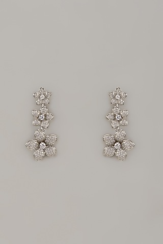 White Rhodium Finish Cubic Zirconia Handcrafted Earrings In Sterling Silver by Aurashni
