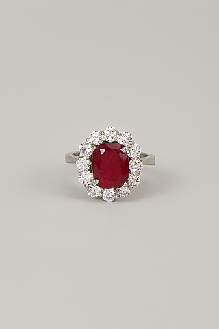 White Rhodium Finish Ruby Stone Handcrafted Ring In Sterling Silver by Aurashni