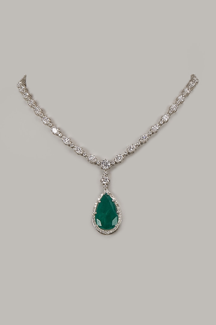 White Rhodium Finish Emerald Stone Handcrafted Necklace In Sterling Silver by Aurashni at Pernia's Pop Up Shop