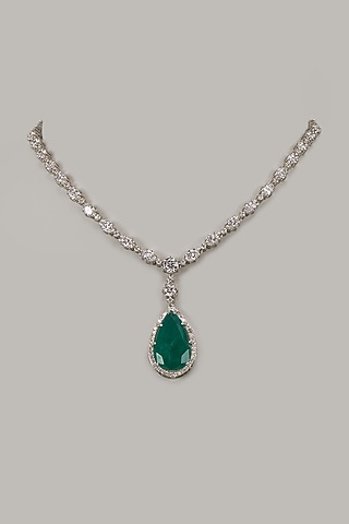White Rhodium Finish Emerald Stone Handcrafted Necklace In Sterling Silver by Aurashni