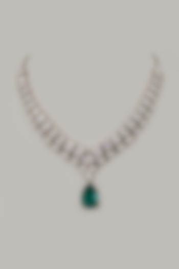White Rhodium Finish Emerald Stone Handcrafted Necklace In Sterling Silver by Aurashni at Pernia's Pop Up Shop