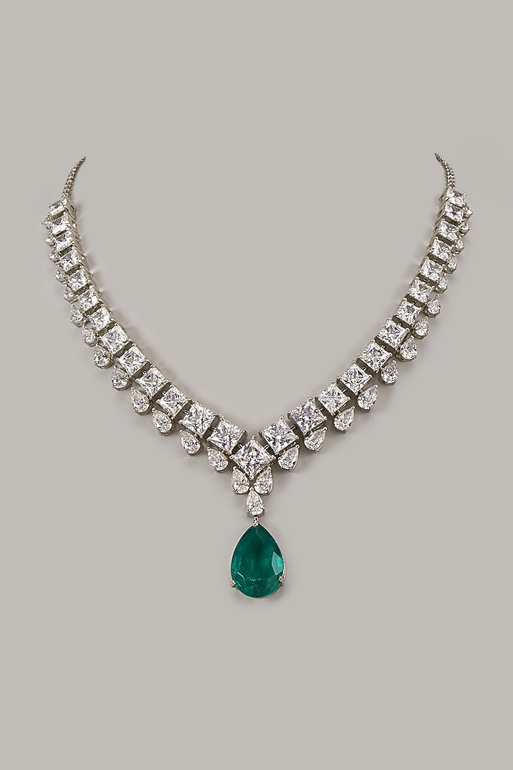 White Rhodium Finish Emerald Stone Handcrafted Necklace In Sterling Silver by Aurashni at Pernia's Pop Up Shop
