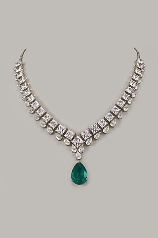 White Rhodium Finish Emerald Stone Handcrafted Necklace In Sterling Silver by Aurashni
