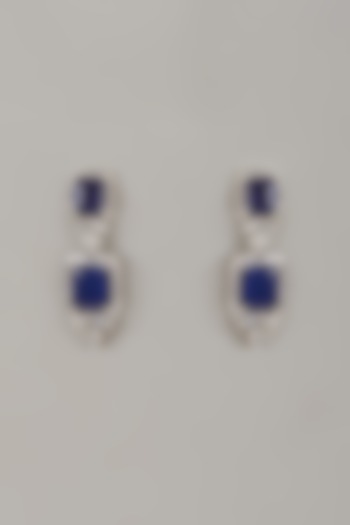 White Rhodium Finish Blue Sapphire Stone Handcrafted Earrings In Sterling Silver by Aurashni at Pernia's Pop Up Shop