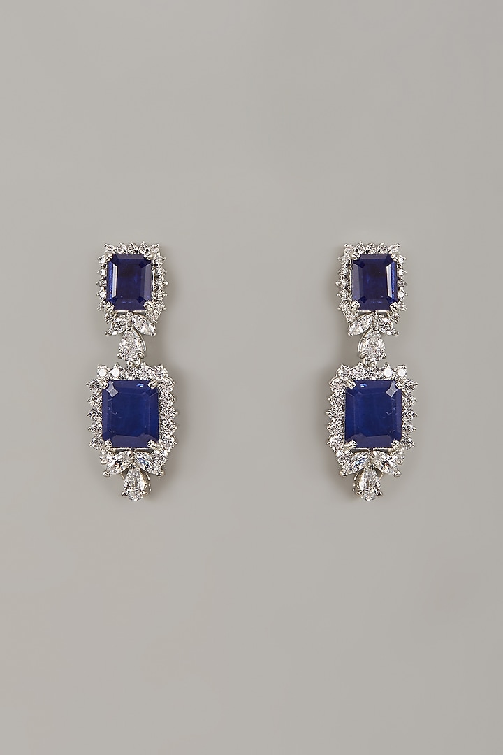 White Rhodium Finish Blue Sapphire Stone Handcrafted Earrings In Sterling Silver by Aurashni at Pernia's Pop Up Shop