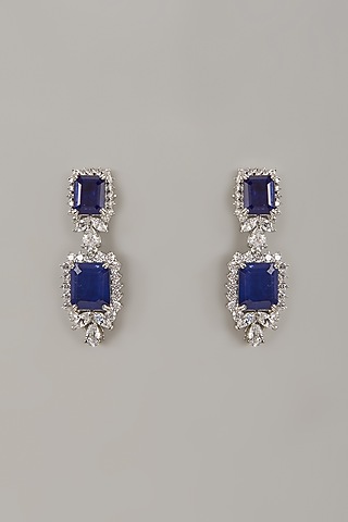 White Rhodium Finish Blue Sapphire Stone Handcrafted Earrings In Sterling Silver by Aurashni