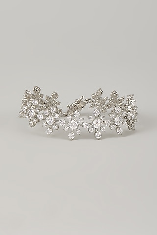 White Rhodium Finish Blue Cubic Zirconia Handcrafted Bracelet In Sterling Silver by Aurashni