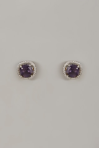 White Rhodium Finish Purple Sapphire Stone Handcrafted Earrings In Sterling Silver by Aurashni