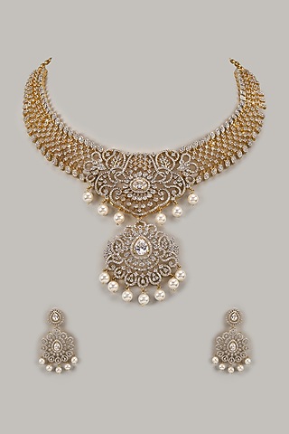 Two-Tone Finish Kundan Polki & Pearl Handcrafted Necklace Set In Sterling Silver by Aurashni