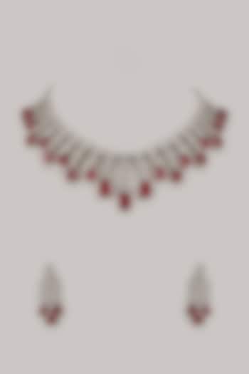 White Rhodium Finish Red Stone Handcrafted Necklace Set In Sterling Silver by Aurashni at Pernia's Pop Up Shop
