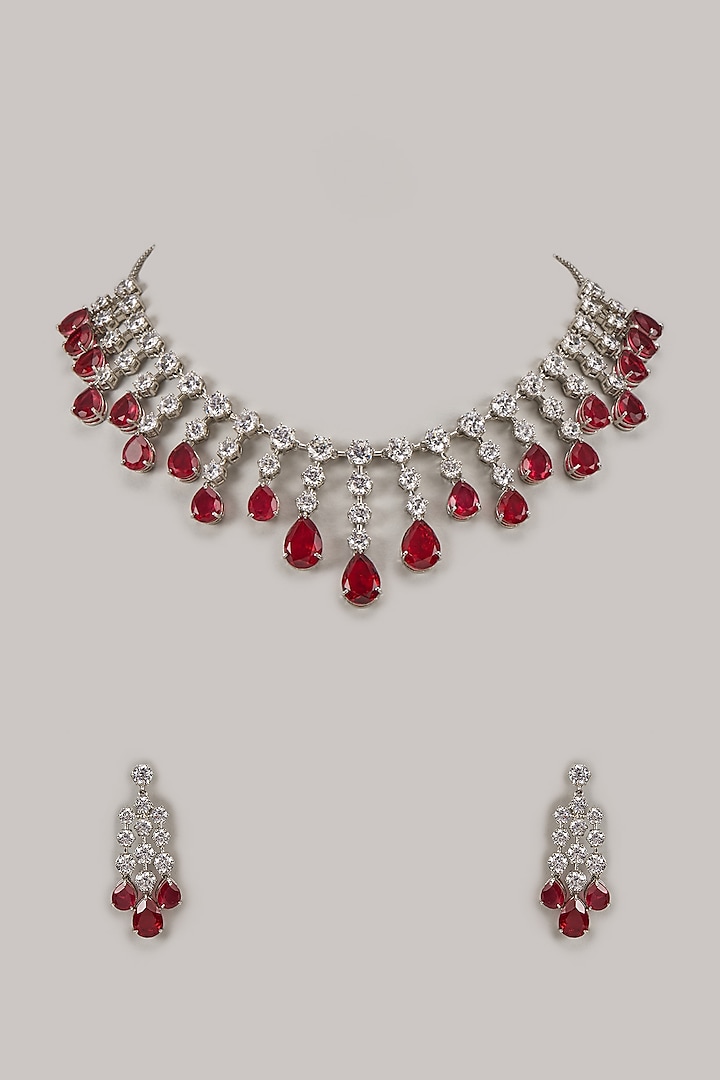 White Rhodium Finish Red Stone Handcrafted Necklace Set In Sterling Silver by Aurashni at Pernia's Pop Up Shop