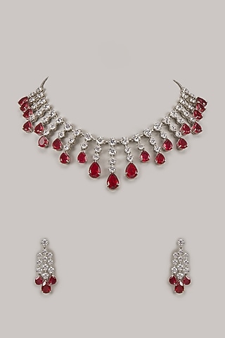 White Rhodium Finish Red Stone Handcrafted Necklace Set In Sterling Silver by Aurashni