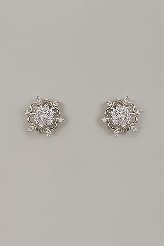 White Rhodium Finish Cubic Zirconia Handcrafted Earrings In Sterling Silver by Aurashni