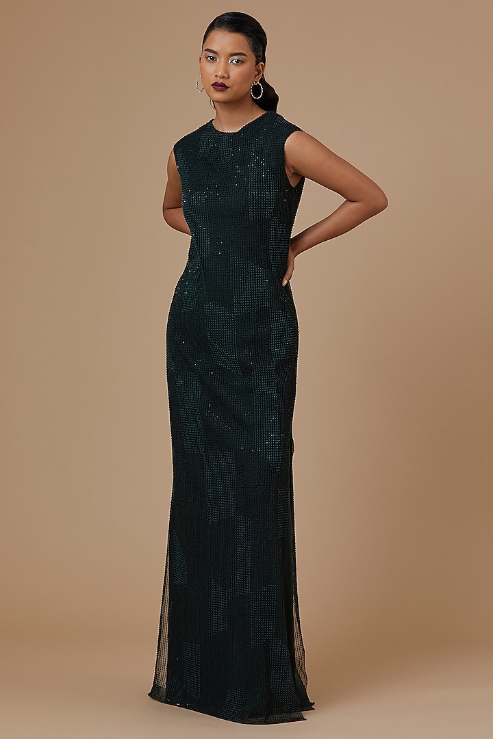 Emerald Green Embroidered Dress by AURUL at Pernia's Pop Up Shop