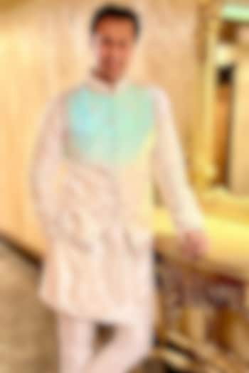 Porcelain White & Sky Blue Ombre Raw Silk Mirror Embroidered Bundi Jacket Set by ASUKA at Pernia's Pop Up Shop