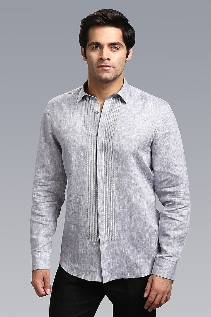 Steel Grey Pure Irish Linen Embroidered Party Wear Shirt by ASUKA at Pernia's Pop Up Shop