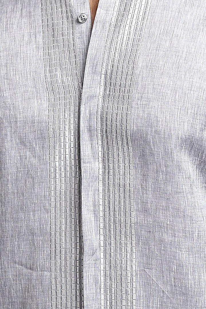 Steel Grey Pure Irish Linen Embroidered Party Wear Shirt by ASUKA at Pernia's Pop Up Shop
