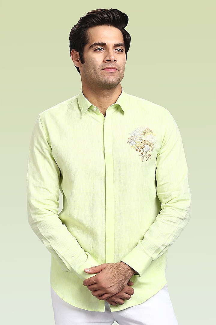 Lime Green Pure Irish Linen Hand Embroidered Shirt by ASUKA