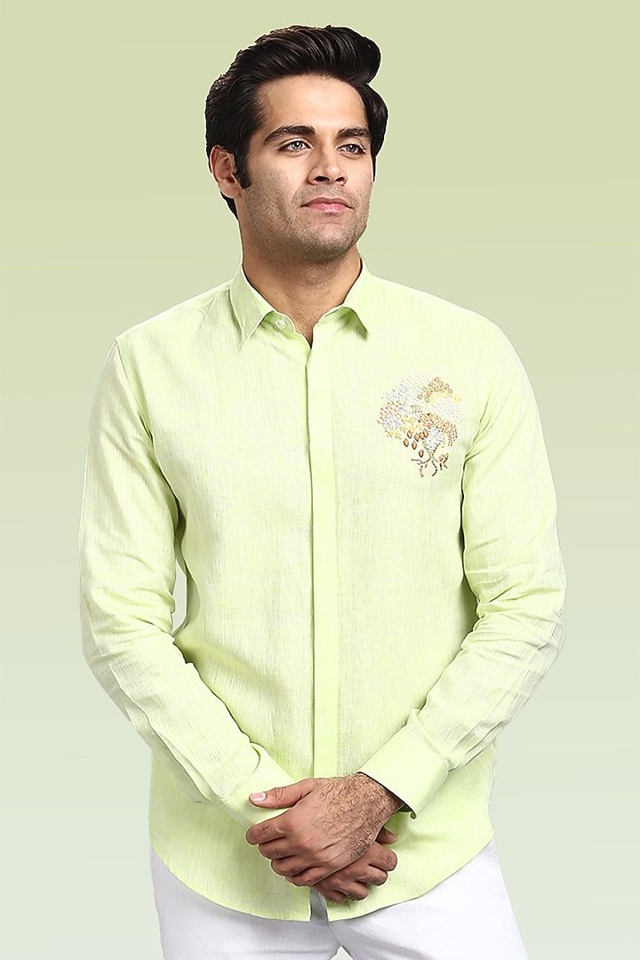 Lime Green Pure Irish Linen Hand Embroidered Party Wear Shirt by ASUKA at Pernia's Pop Up Shop