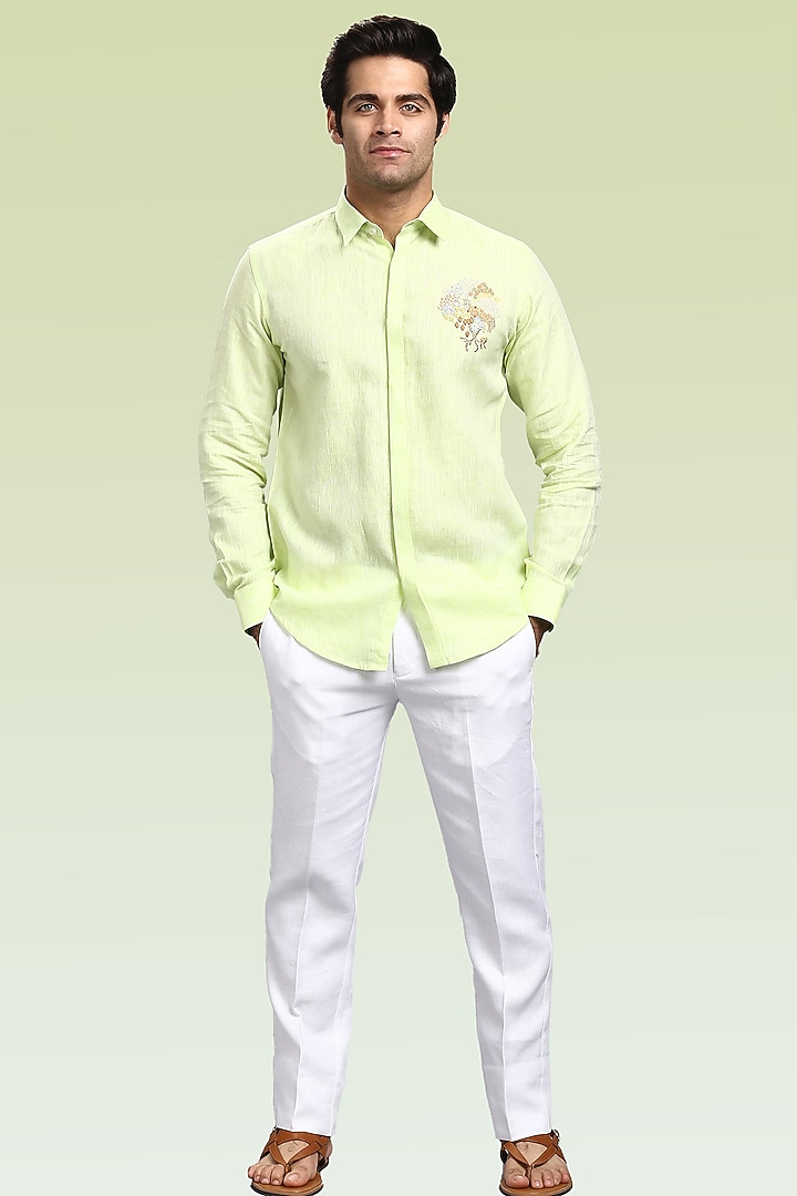 Lime Green Pure Irish Linen Hand Embroidered Party Wear Shirt by ASUKA at Pernia's Pop Up Shop