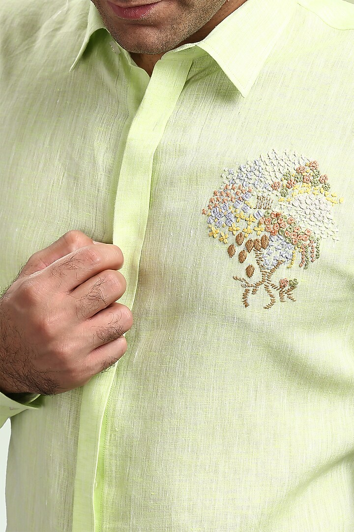 Lime Green Pure Irish Linen Hand Embroidered Party Wear Shirt by ASUKA at Pernia's Pop Up Shop