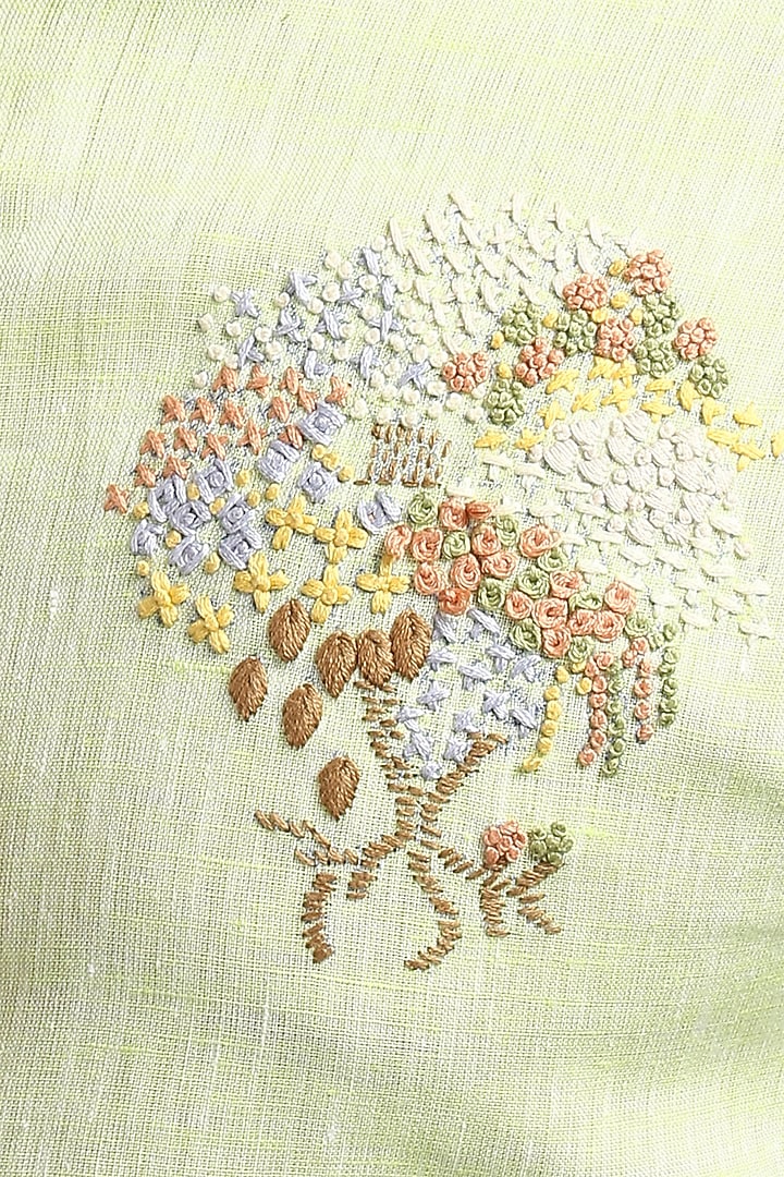 Lime Green Pure Irish Linen Hand Embroidered Party Wear Shirt by ASUKA at Pernia's Pop Up Shop