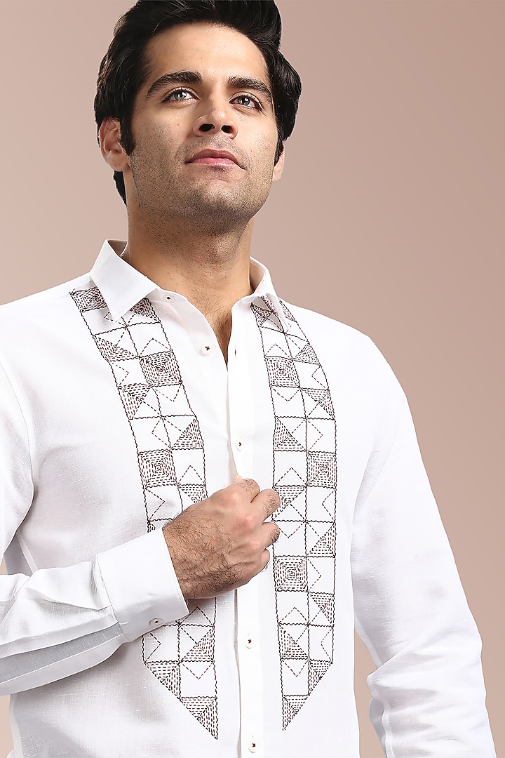 White Pure Irish Linen Hand Embroidered Party Wear Shirt by ASUKA at Pernia's Pop Up Shop