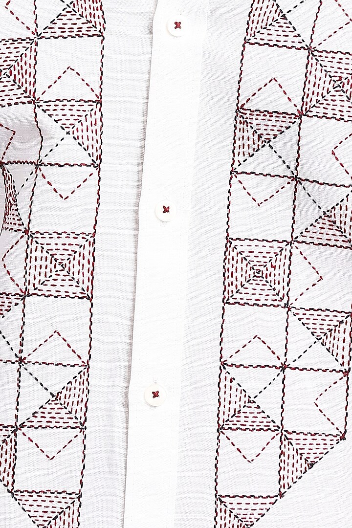 White Pure Irish Linen Hand Embroidered Party Wear Shirt by ASUKA at Pernia's Pop Up Shop
