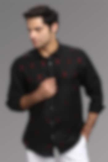 Black Pure Irish Linen Hand Embroidered Party Wear Shirt by ASUKA at Pernia's Pop Up Shop