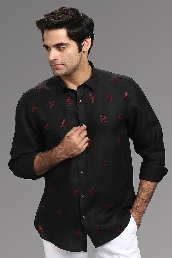 Black Pure Irish Linen Hand Embroidered Party Wear Shirt by ASUKA at Pernia's Pop Up Shop