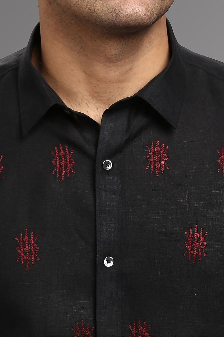 Black Pure Irish Linen Hand Embroidered Party Wear Shirt by ASUKA at Pernia's Pop Up Shop