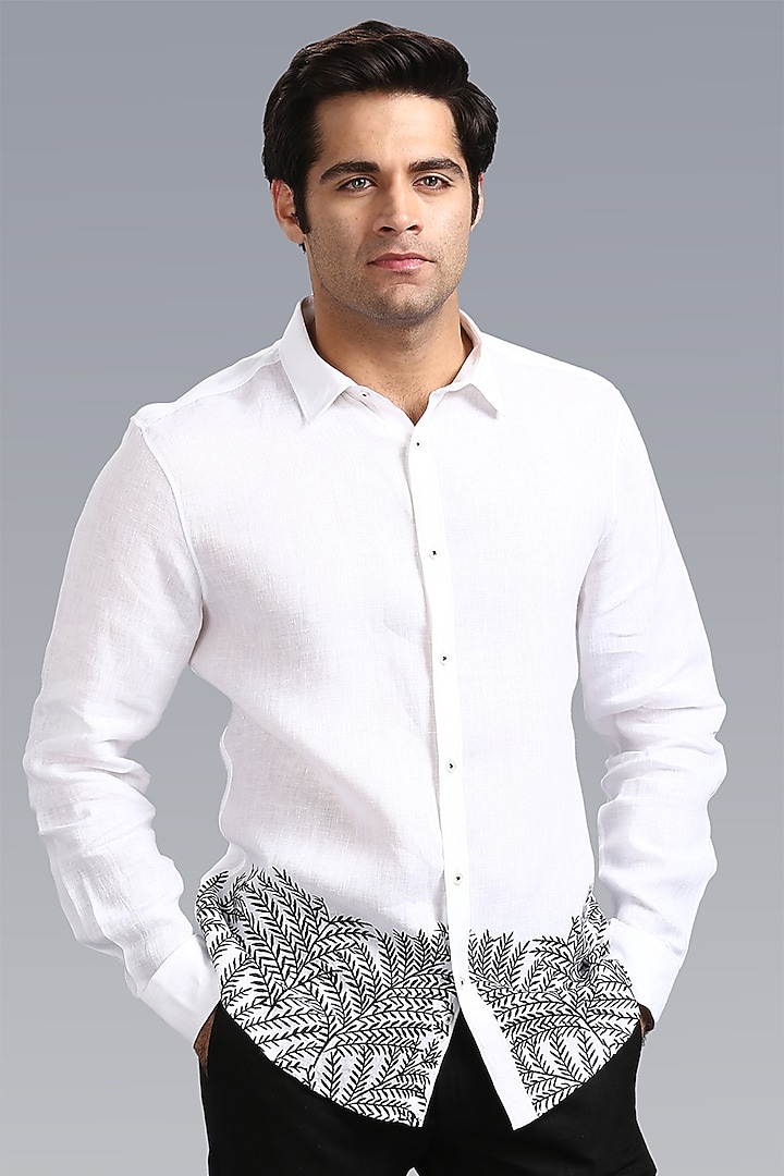 White Pure Irish Linen Hand Embroidered Party Wear Shirt by ASUKA at Pernia's Pop Up Shop