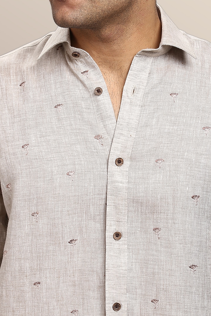 Light Brown Pure Irish Linen Hand Embroidered Party Wear Shirt by ASUKA at Pernia's Pop Up Shop