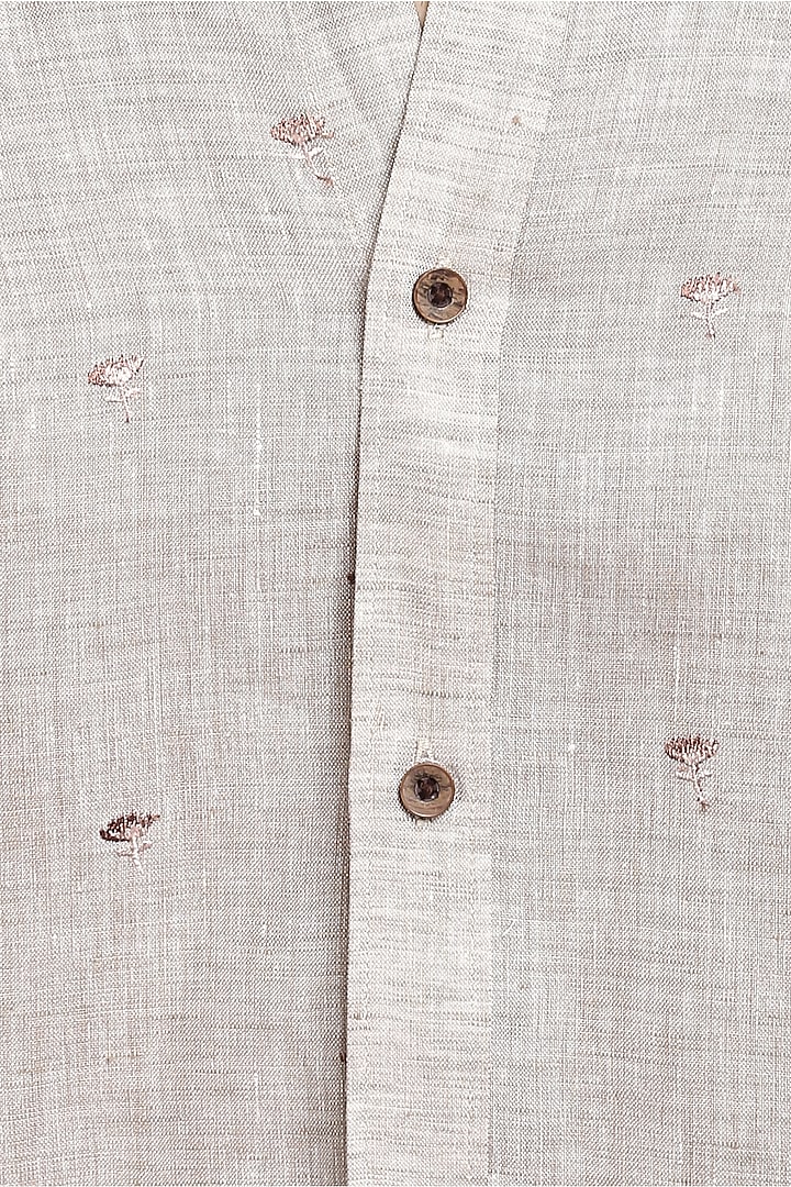 Light Brown Pure Irish Linen Hand Embroidered Party Wear Shirt by ASUKA at Pernia's Pop Up Shop
