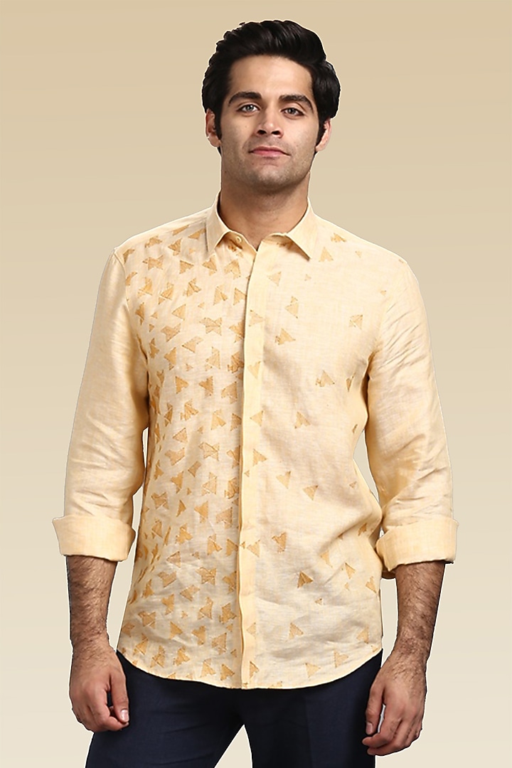 Pale Yellow Pure Irish Linen Hand Embroidered Party Wear Shirt by ASUKA at Pernia's Pop Up Shop