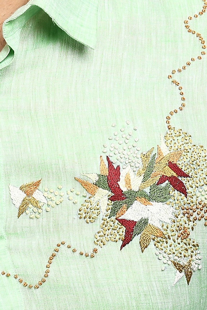 Mint Green Pure Irish Linen Hand Embroidered Party Wear Shirt by ASUKA at Pernia's Pop Up Shop