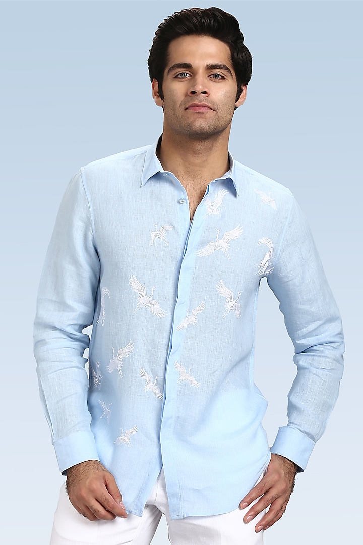 Pale Blue Pure Irish Linen Hand Embroidered Shirt by ASUKA