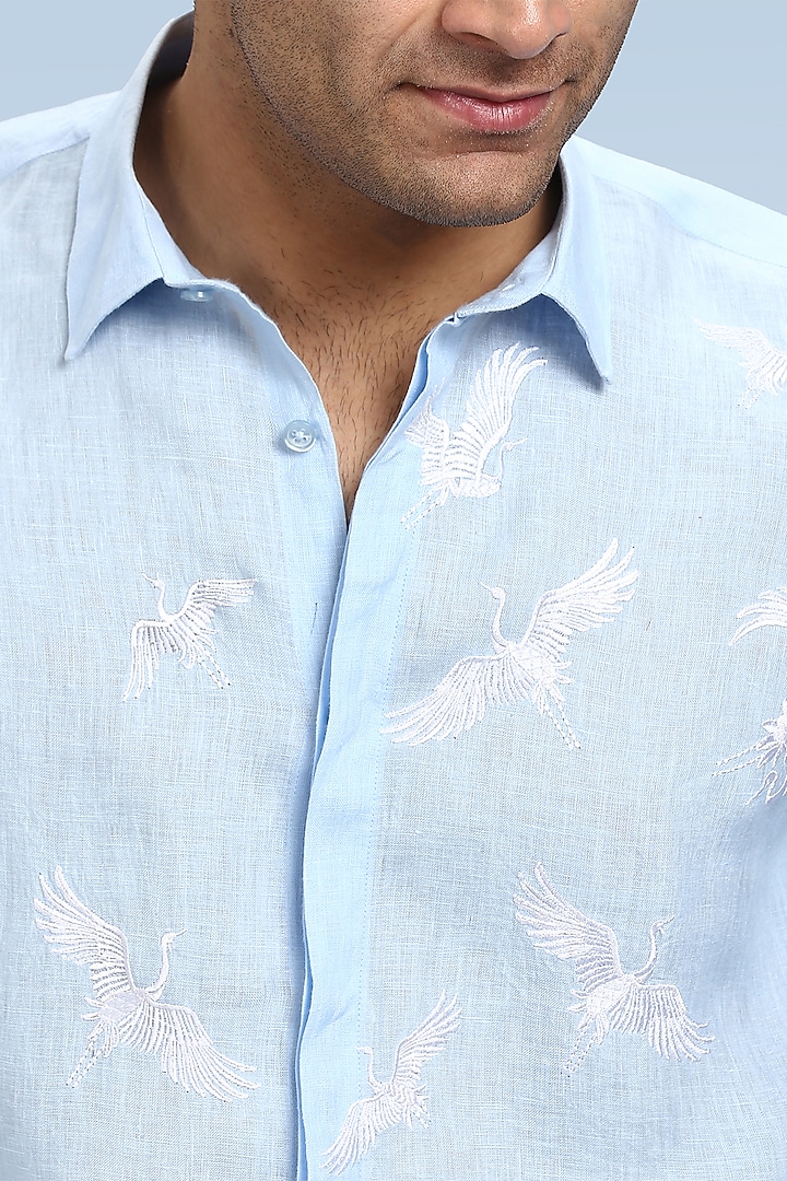 Pale Blue Pure Irish Linen Hand Embroidered Party Wear Shirt by ASUKA at Pernia's Pop Up Shop