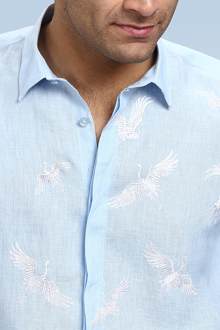 Pale Blue Pure Irish Linen Hand Embroidered Party Wear Shirt by ASUKA at Pernia's Pop Up Shop